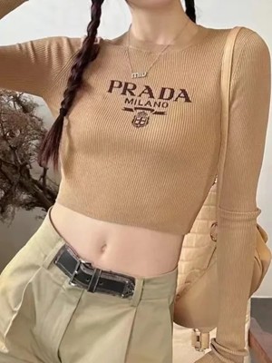 프라다 브라운 로고 실크 니트 크롭 티셔츠